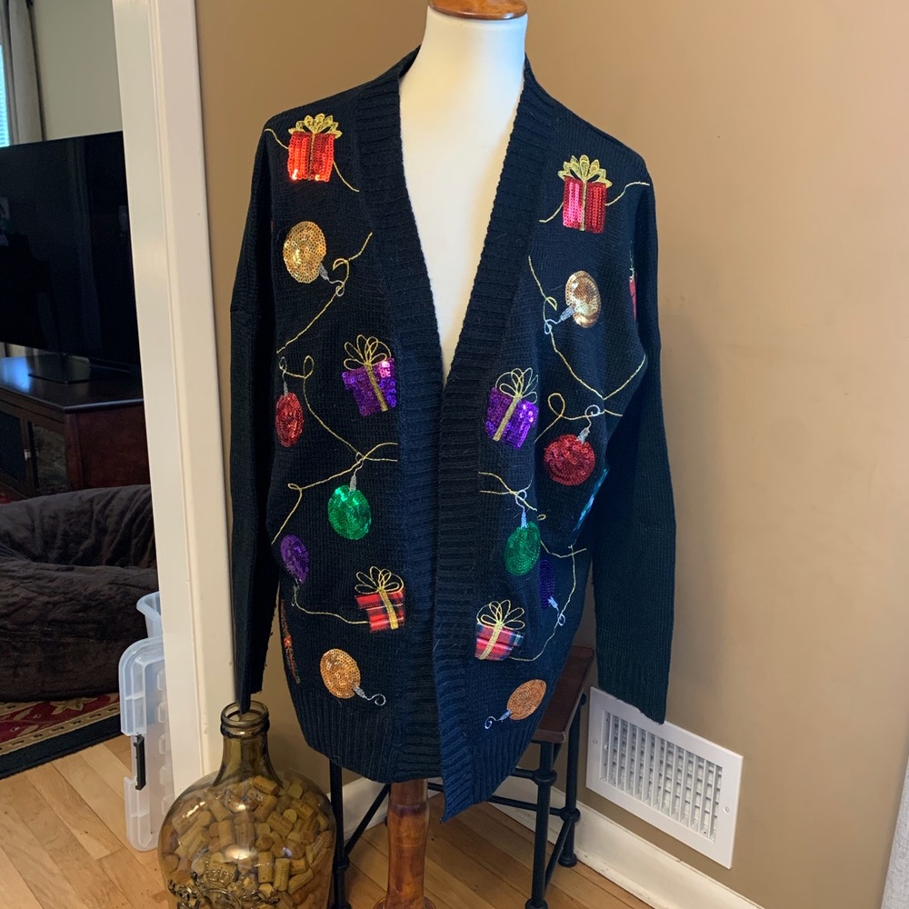 Holiday Time black sequin Christmas sweater, Size Large